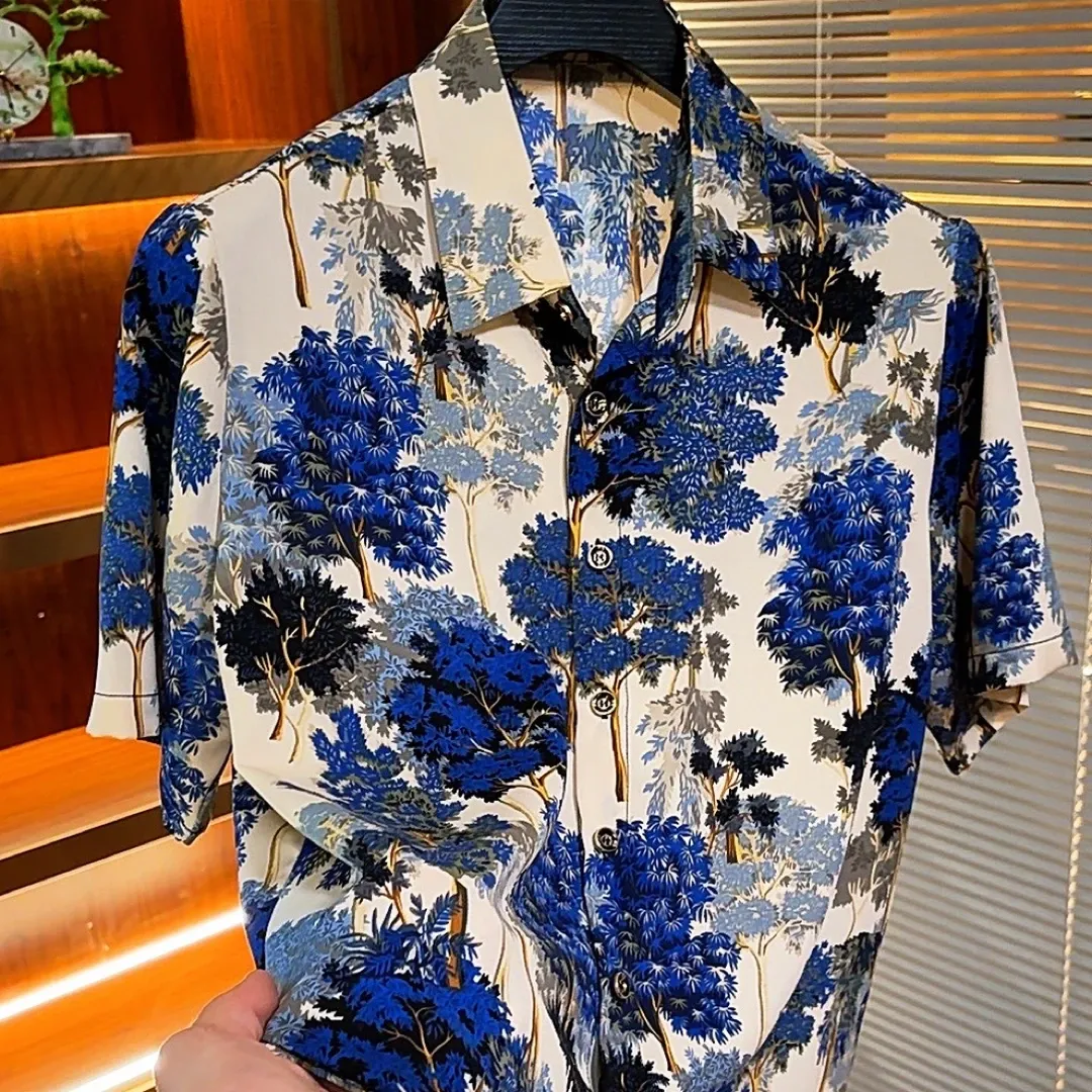 White and blue 3D-print Ice silk shirt