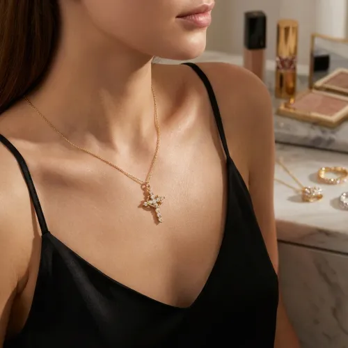 Luxury Cubic Zirconia Cross Necklace for Women Gold Color Crystal Pendant Choker Promise Jewelry Bling Accessories Party Gift