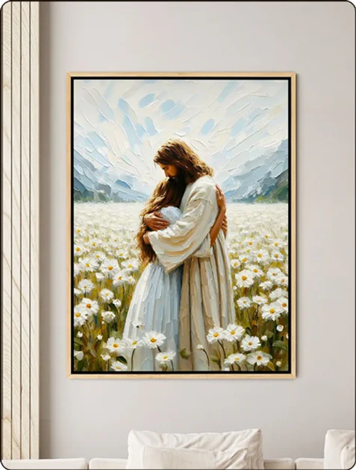 Oil paintings of Jesus in various styles.