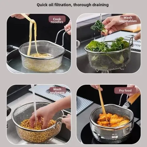 Kitchen Restaurant Mesh Net Deep Frying with Handle Stainless Steel Cooking Tools Filter Fry Basket Food Colander