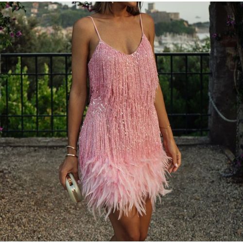 Women's dress with feather fringe and sequined spaghetti straps