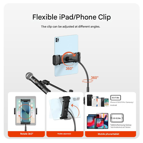 Microphone, Phone, Tablet Tripod Floor Stand for Outdoor Stages, Live Streaming, and Karaoke - Metal Adjustable Tripod