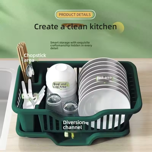Plastic Dish Rack with Drain Board and Utensil Cup Kitchen Drainage Basket Utensil Holder and Extra Drying Mat Drainage Rack