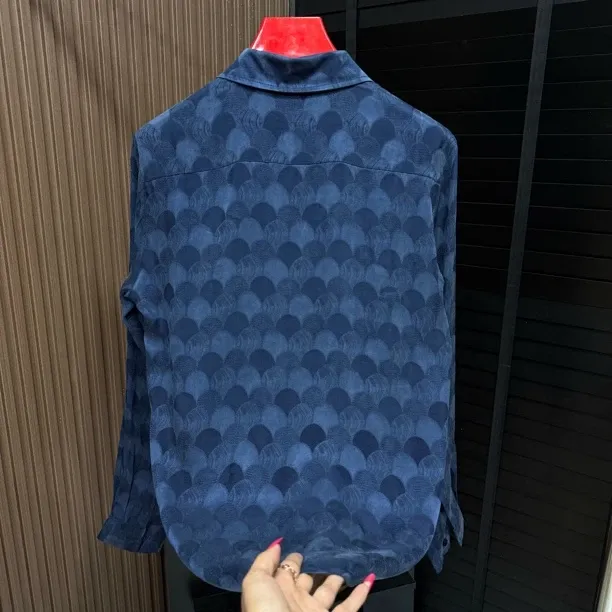 Men's Blue Satin-Weave Long-Sleeve Shirt