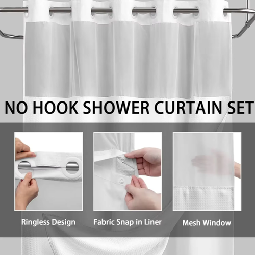 1PC Hookless Shower Curtain Set Double (with Liner) Removable White Waffle Shower