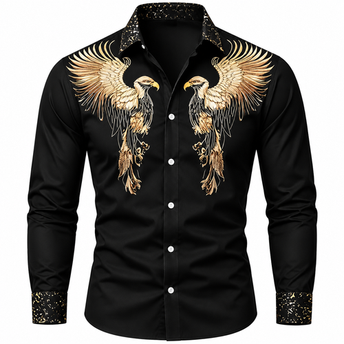 Men's Fashion Long-Sleeve Shirt with Gold Eagle Print