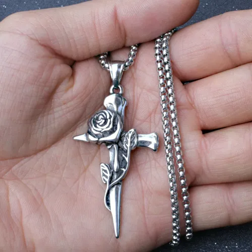 2Pcs His & Her Vintage Rose Cross Pendant Necklace - Perfect Matching Gift Set