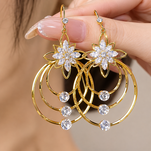 2pcs French Elegance Personality Flower Circle Exquisite Earrings for Women Light Luxury Inlay Drill Earrings Party Jewelry Accessory