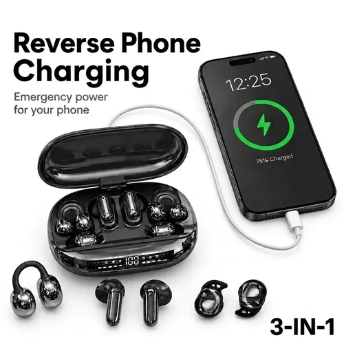 3-IN-1 Chargeable Wireless Audio Headset Combo - Portable Stereo Headphones with Power Bank Case, 6-Piece Electronic Set (In-Ear, Clip-On, Sleep) for Calls Gaming