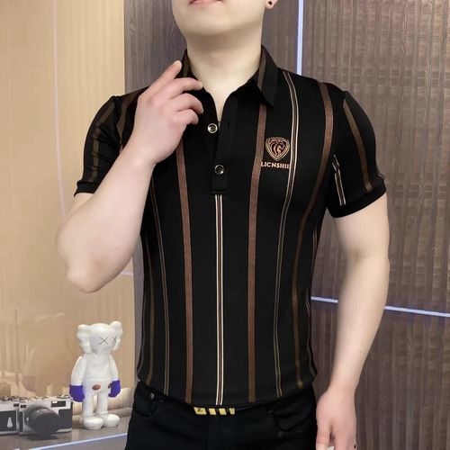 New Men's Polo Shirt: Stylish, Slim-Fit, Stretchy Striped Short-Sleeve Top with Turn-Down Collar
