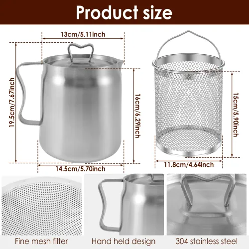 68 oz (approx. 2L) 304 Stainless Steel Deep Fryer Pot (with Frying Basket and Strainer) – Large-Capacity Kitchen Oil Bacon Grease Storage Container – Suitable for Frying, Cooking, and Camping – Features Oil Filtration – Dishwasher Safe