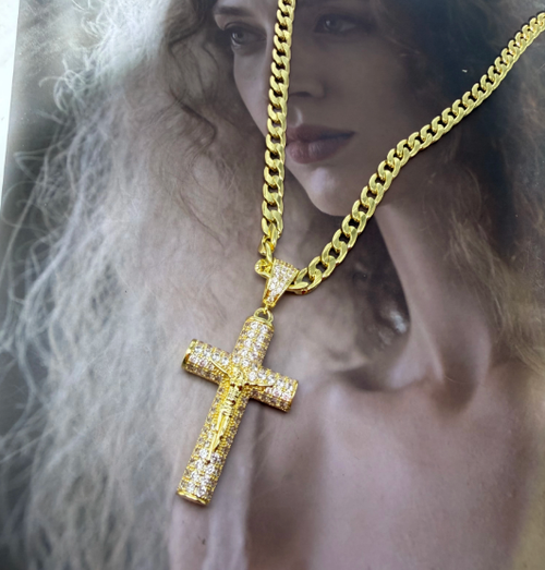 Cross Necklace for Men with Jesus Crucifix Pendant - 24  Cuban Figaro Rope Miami Chains