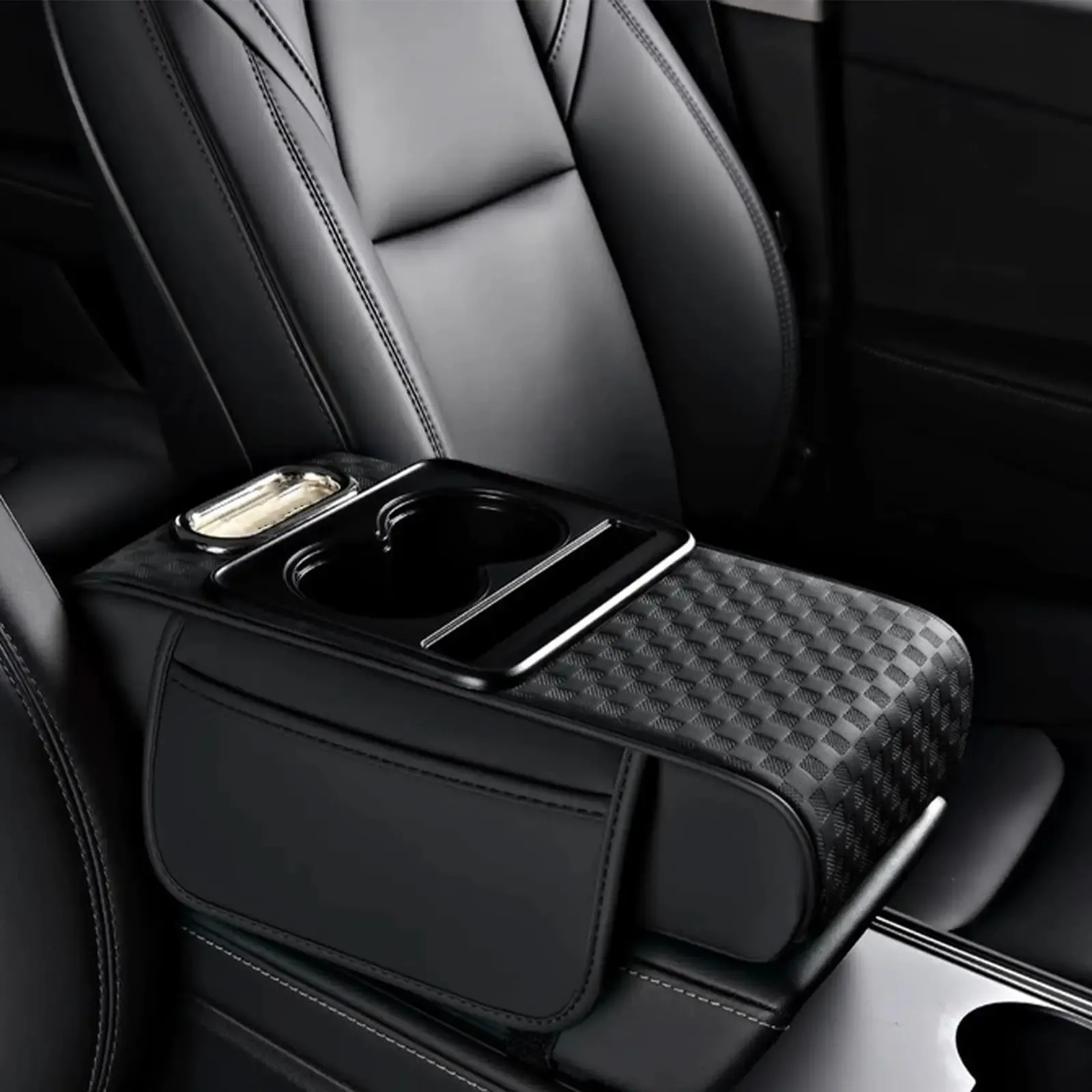Car Armrest Cushion with Cup Holder, Multifunctional PU Leather Center Console Armrest Pad, Auto Storage Organizer Arm Rest