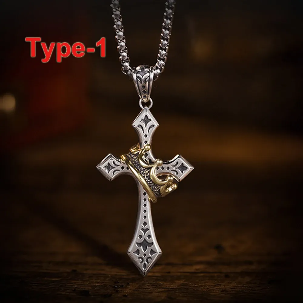 Stainless Steel Crown Cross Necklace Personalized Hiphop Necklace with Gold Crown Stylish Design Pendant Necklace for Men