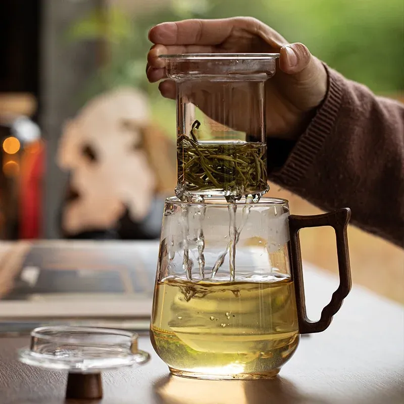 500ml Glass Tea Mug With Wood Handle Chinese Heat Resistant Puer Filter Cups Kung Fu Brewing Oolong Puer Tea Cup Set
