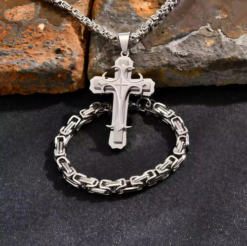 Men's Cross Pendant Necklace and Bracelet Set