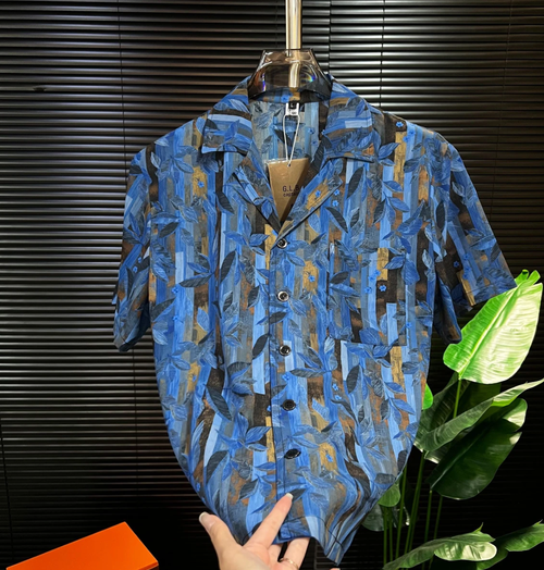 Elegant Blue Leaf Print Shirt