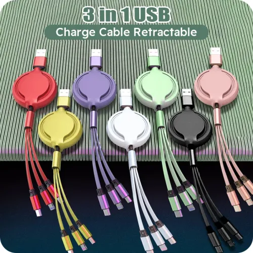 3-in-1 Retractable USB Data Cable — Multi-Interface Fast Charging Cable for Transsion, iPhone, Samsung, Huawei, and Xiaomi