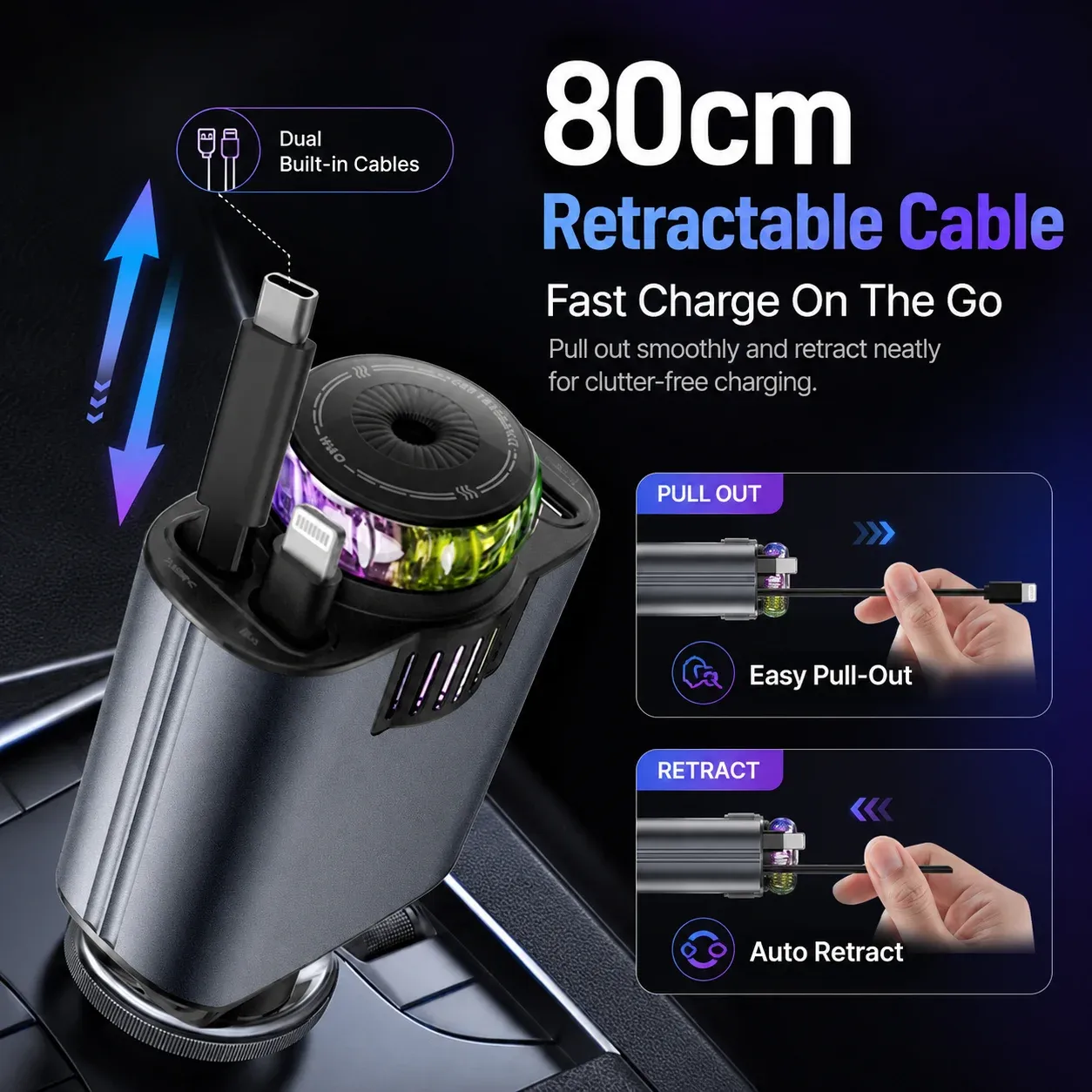 45W Retractable Car Charger with Starry Light Aromatherapy Diffuser Built-in Lightning USB-C Cable Type-C Fast Charging Adapter