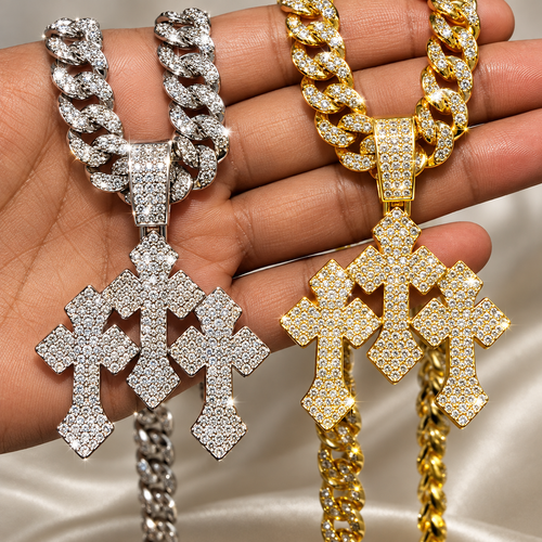 Iced Out Stacked Crosses Pendant Necklaces for Men With 13mm Cuban Chain Hip Hop Cross Rhinestone Jewelry pendant Gift