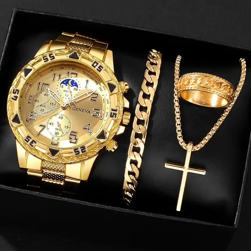 4-piece New Fashion Business Men's Round Quartz Watch + Fashion Accessories Set Valentine's Day Easter Ramadan Birthday Christmas, Gifts for Friends and Family