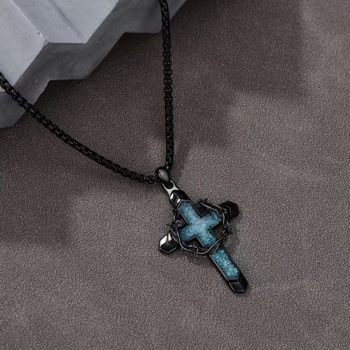 Thorn-Wrapped Inlaid Cross Pendant Necklace