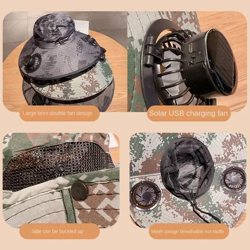 Solar powered fan, large brim, sun shading, hiking and fishing hat