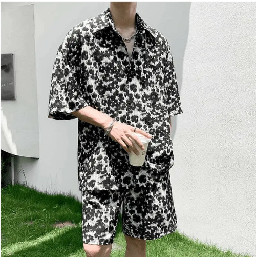 Summer Trendy Thin Leopard Print Short-sleeved Shirt Shorts Suit Men's Fashionable Casual Versatile Two-piece Set