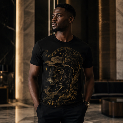 Men's Ice Silk T-Shirt with Gold-Foil and Rhinestone  Leopard Stepping on Auspicious Clouds  Design