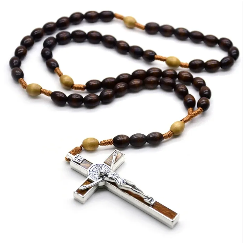 2026 New Christ Jesus Wooden Bead Cross Car Pendant Woven Rope Chain Necklace Religious Orthodox Praying