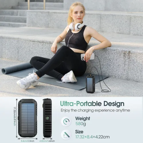 40,000mAh Solar Power Bank with Hand Crank  4 Cables,Dual UsB Type-C Fast Charging, Bright LED Light, Built-inCompass & Leveler
