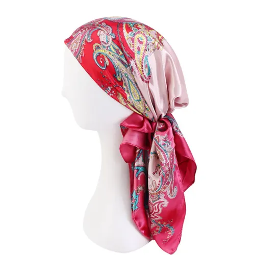 Satin Square Scarf Women Muslim Hijab Elegant 2025 Print Silk Neckerchief Shawl Wraps Headband Handle Hair Accessories Bandana
