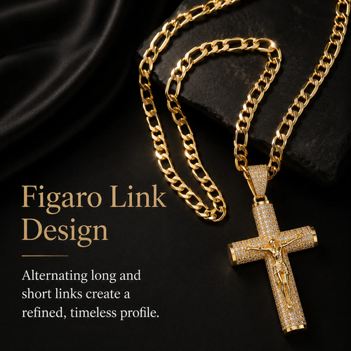 Gold-Plated Cuban Figaro Cross Necklace—24-Inch Miami-Style Cross, Hand-Polished