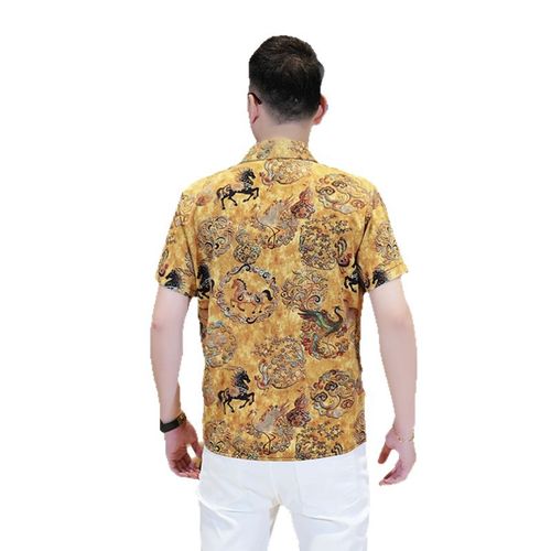 Casual Short-Sleeve Collared Shirt with Retro Print