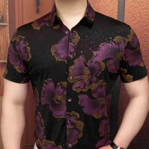 Summer Flower Print Rhinestone Shirt for Men Slim Fit Short Sleeve Casual Shirts Versatile Social Business Streetwear Shirt 2026