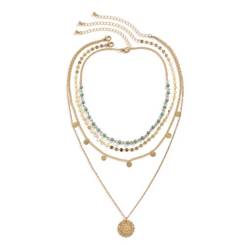 Four-piece turquoise beaded clavicle necklace for women with flower disc pendant necklace