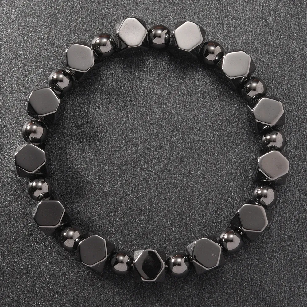 Natural Faceted Hematite Black Obsidian Beaded Bracelet Unisex Men Women Gemstone Bangle Daily Wear Anniversary Wedding Positive