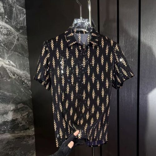 Men's Premium  Light Luxury  Shirt with Wheat-Pattern Rhinestone Embellishment
