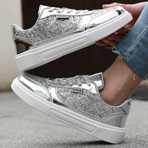 Fashionable Casual Sports Shoes Walking Gold Flat Vulcanized Shoes Lace up anti slip training sports shoes