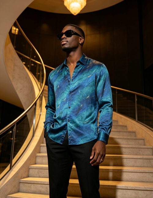 Men Satin Long Sleeve Button‑Down Printed Casual Shirt