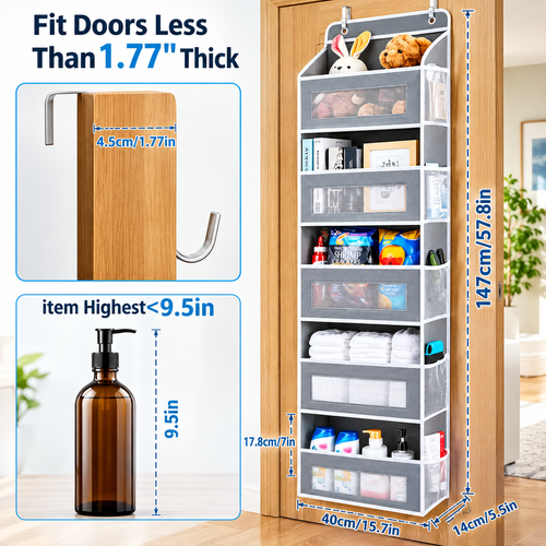 5-Shelf Hanging Storage Organizer - Behind Door Anti-Tilt 5 Large Capacity Pockets Suitable for Bedroom Bathroom