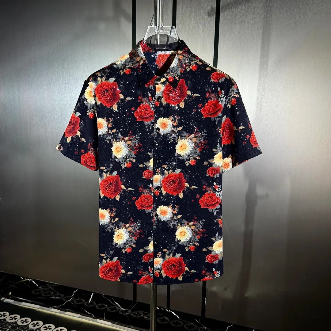 Bright red rose-print ice silk shirt