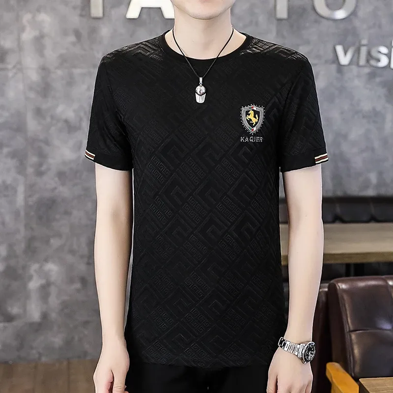 Black short-sleeve  ice silk  top featuring a gold logo, crew neck, and letter print.