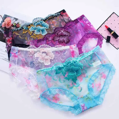 4 pieces of sweet mesh transparent lace flower underwear in plus size