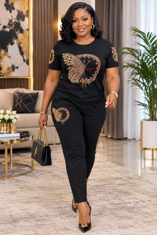 Black short-sleeved set with rhinestone embellishment