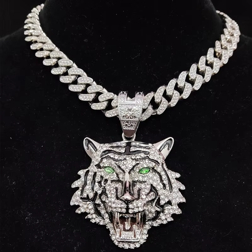 Hip Hop Tiger Pendant Necklace with 13mm Crystal Cuban Chain HipHop Iced Out Bling Necklaces