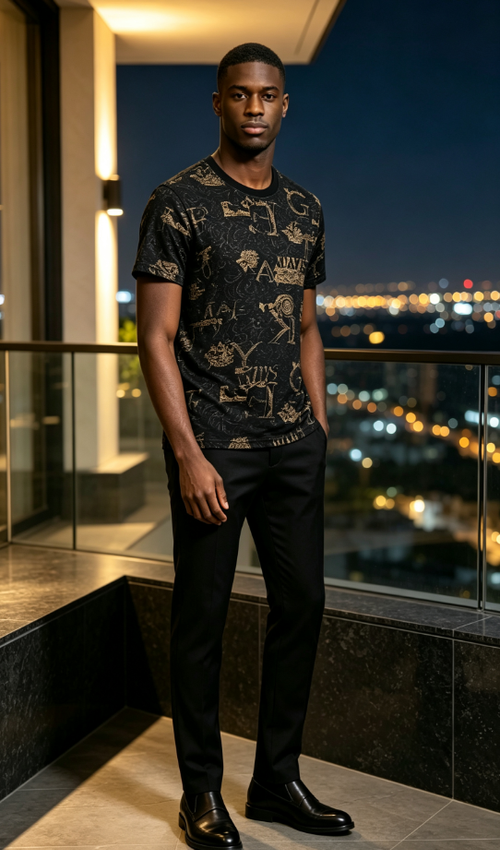 Men Golden Lion Letter Print Short Sleeve T-Shirt