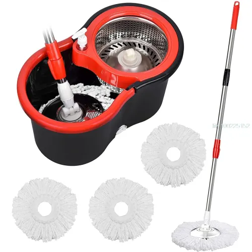 360 Degree Spin Mop Bucket Set with Wring System Includes 3 Microfiber Heads Stainless Steel Basket and 61 Inch Extended Handle for Floor Cleaning
