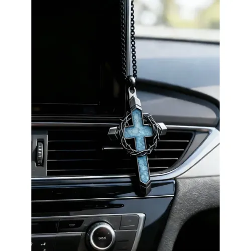 Vintage Punk Crown of Thorns Cross Rearview Mirror Hanging Pendant with Turquoise Inlay