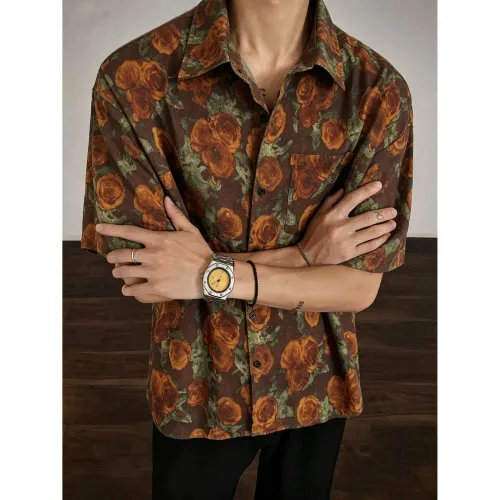 Men's Summer Ice Silk Printed Shirt, Lightweight Breathable Drape Short Sleeve, Vintage
